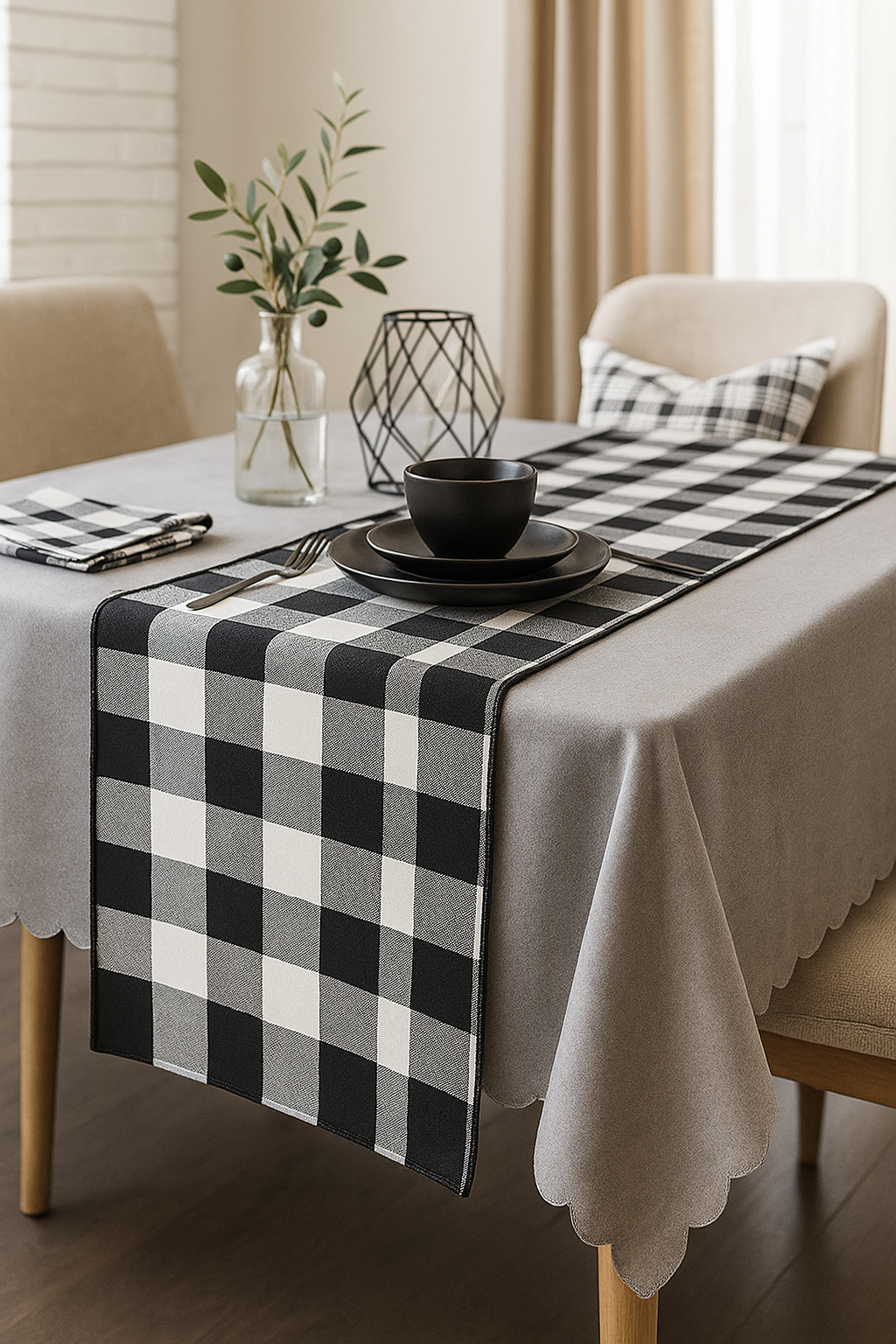 Rustic Buffalo Check Black-White Table Runner