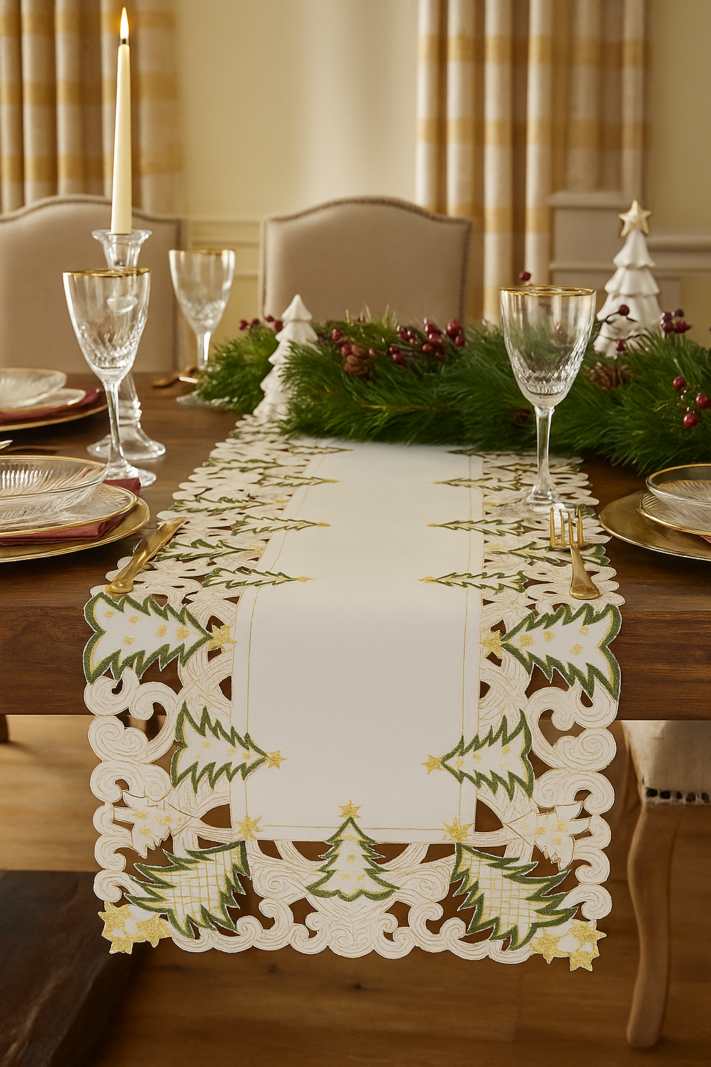 Ivory Embroidered Christmas Tree Table Runner