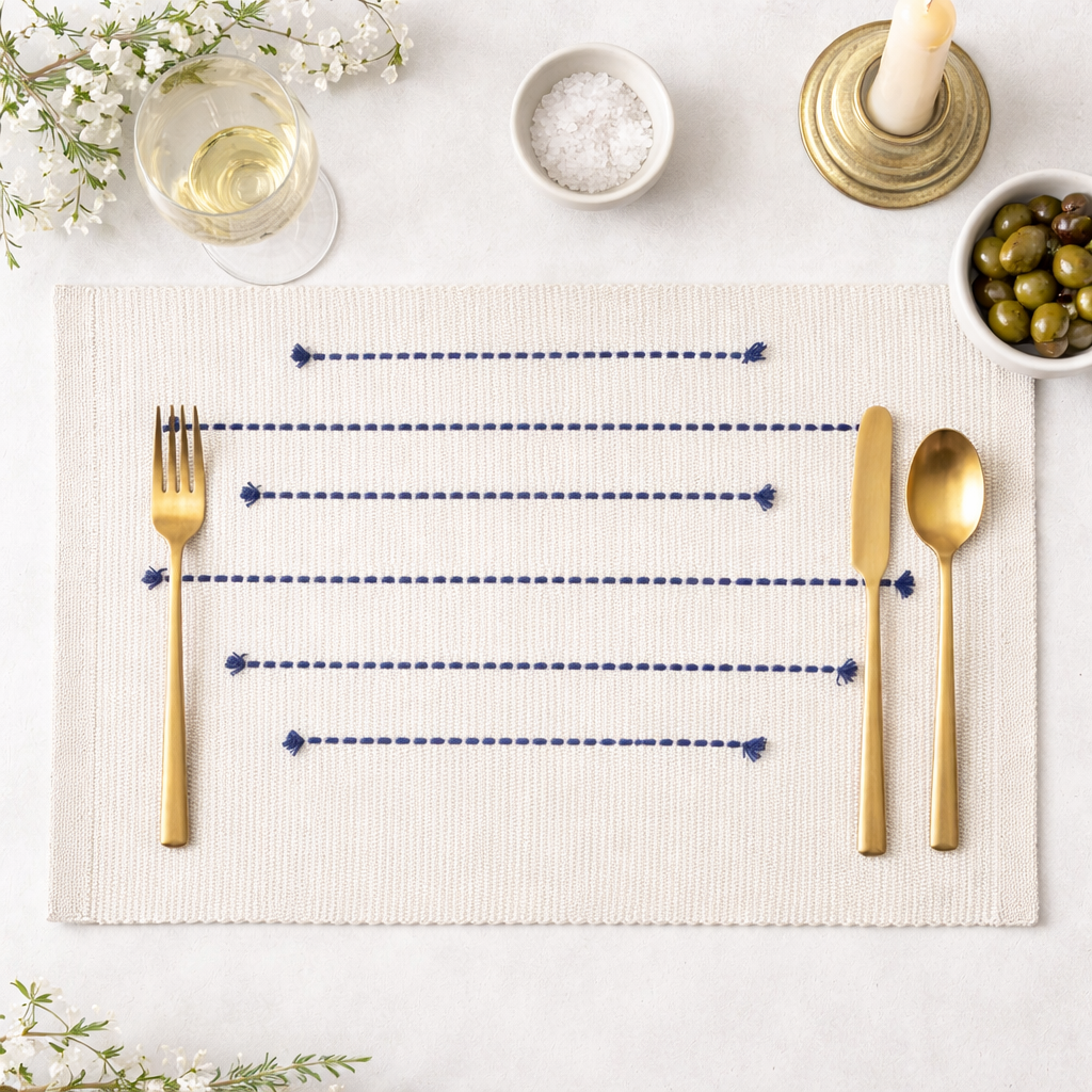 Black Hand Stitched Stripe Cotton 13"X19" Placemat