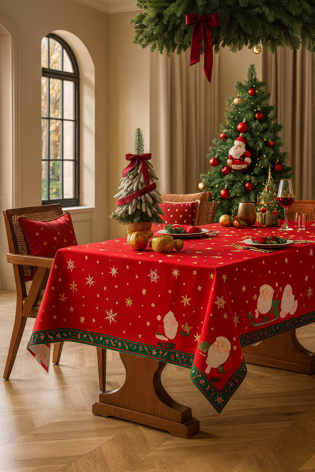 Red Santa and Snowflake Holiday Tablecloth