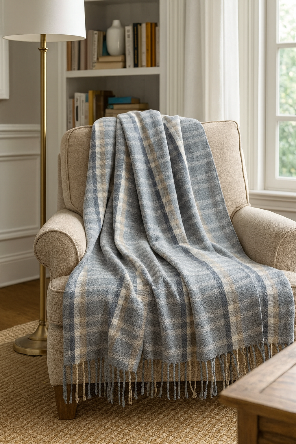 Grey Plaid Throw Blanket with Tassels