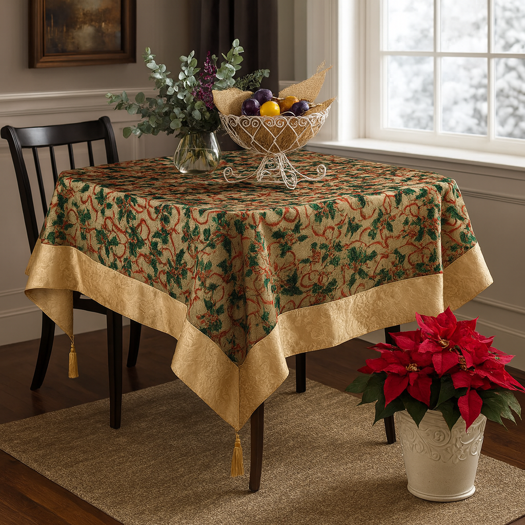 36" Square Christmas Printed Gold Tablecloth