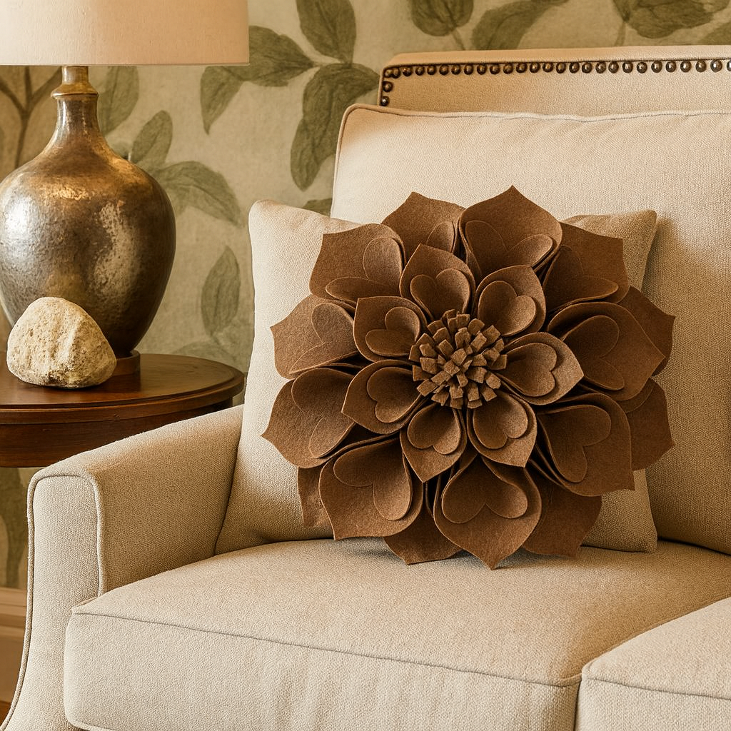 Mocha Lime 3D Heart-Shaped Petal Flower Throw Pillow