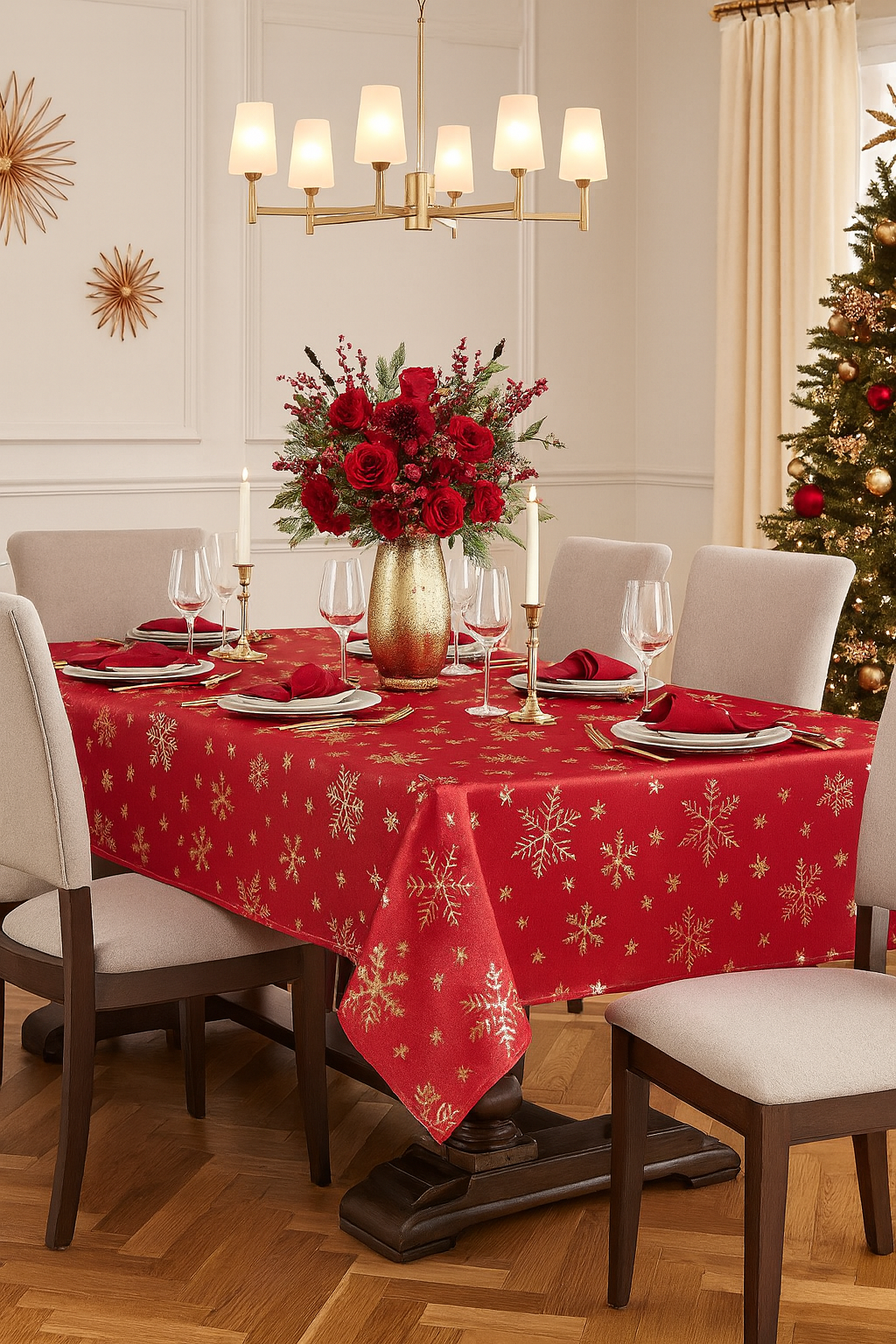 Gold Snowflake Festive Red 70" Square Tablecloth
