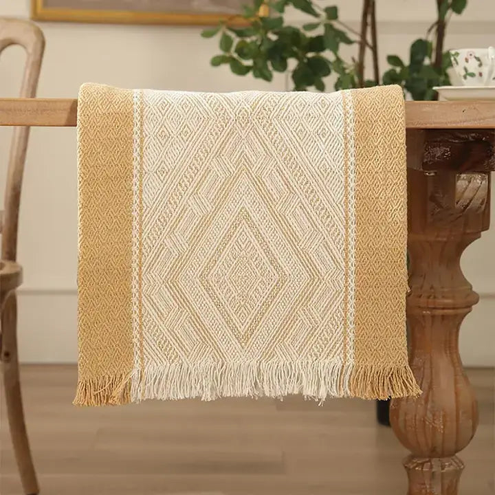 Mustard Diamond Weave Fringed Cotton Blend Table Runner