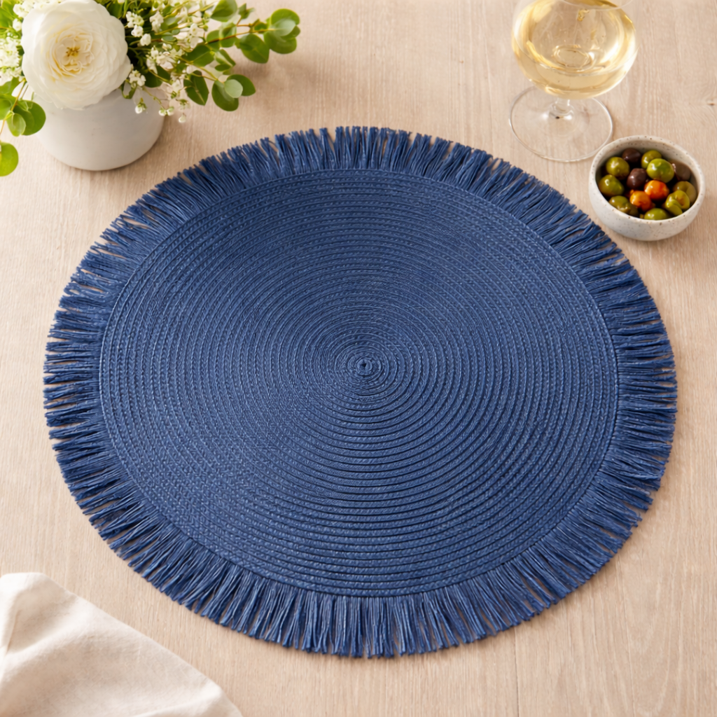 Navy Blue Handwoven Fringe Boho 15" Round Placemat