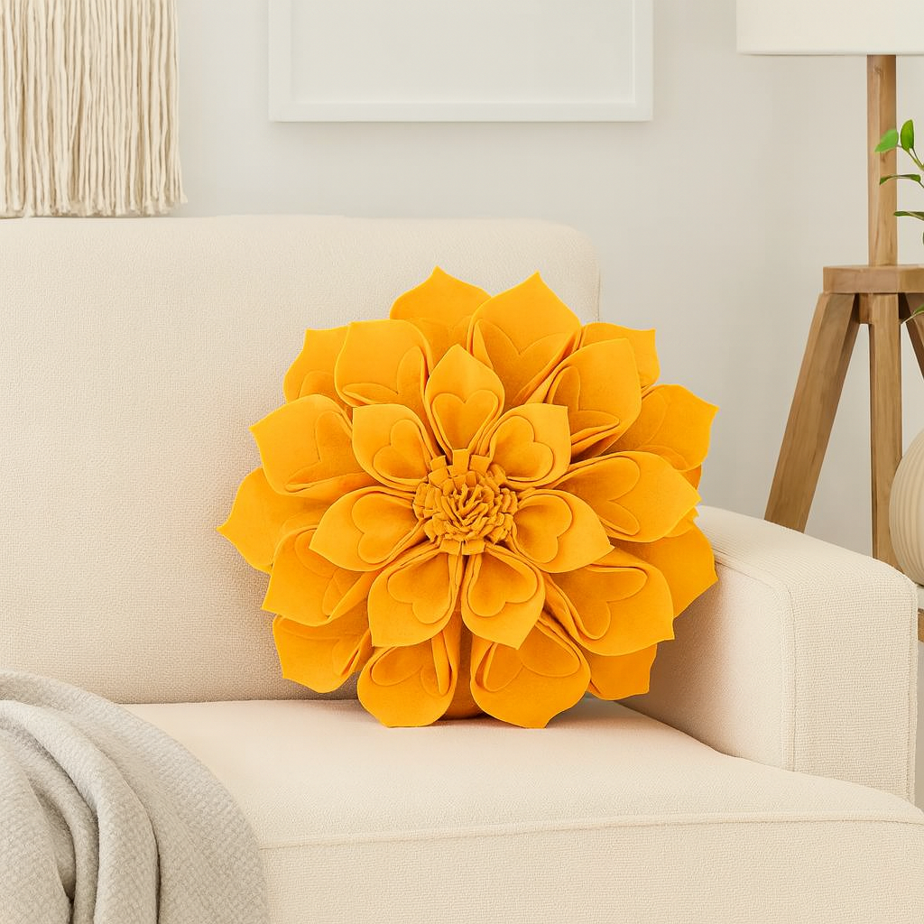 Gold 3D Heart-Shaped Petal Flower Throw Pillow