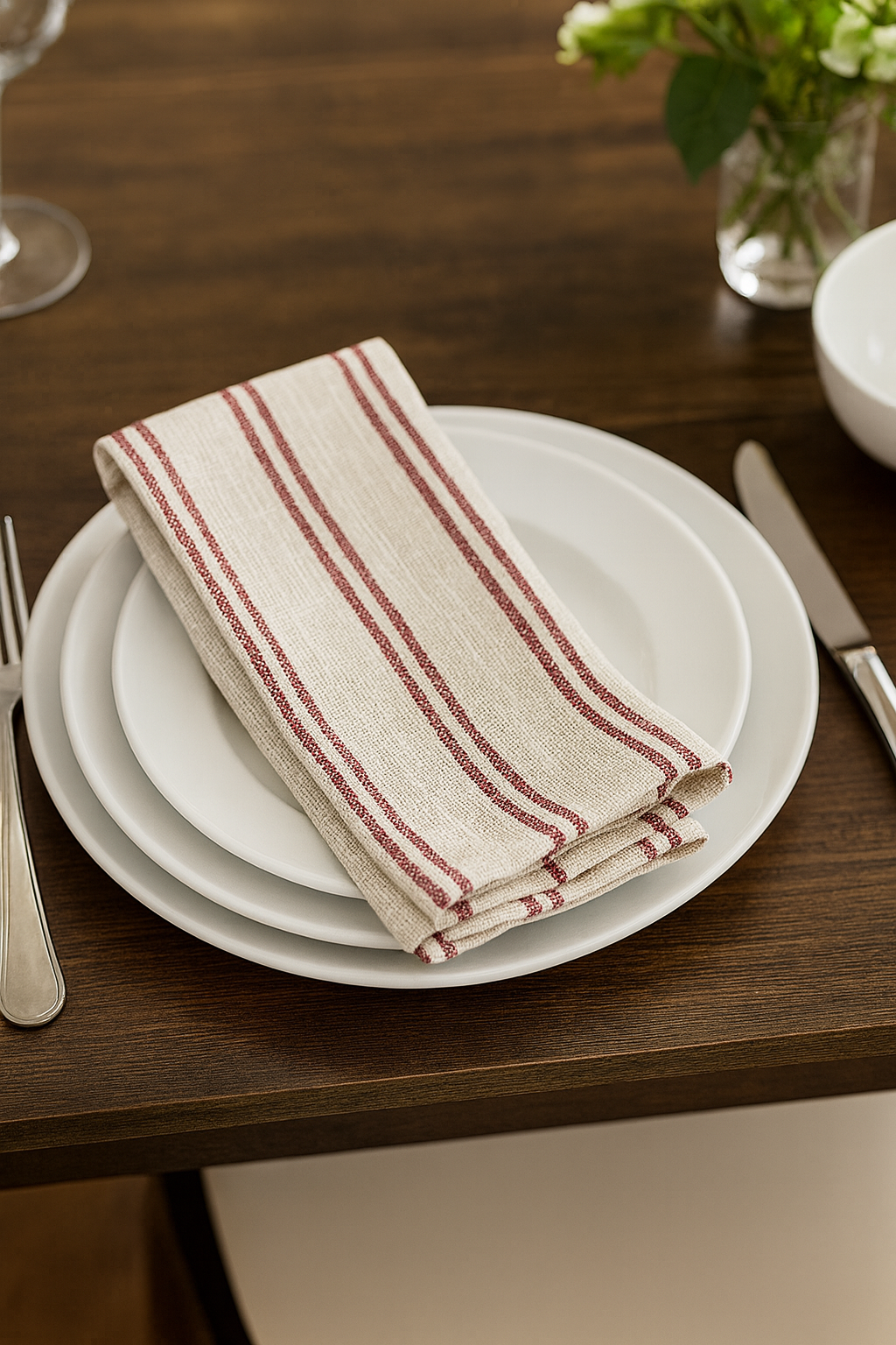 Burgundy Modern Striped Linen-Poly Cloth Dinner Napkin