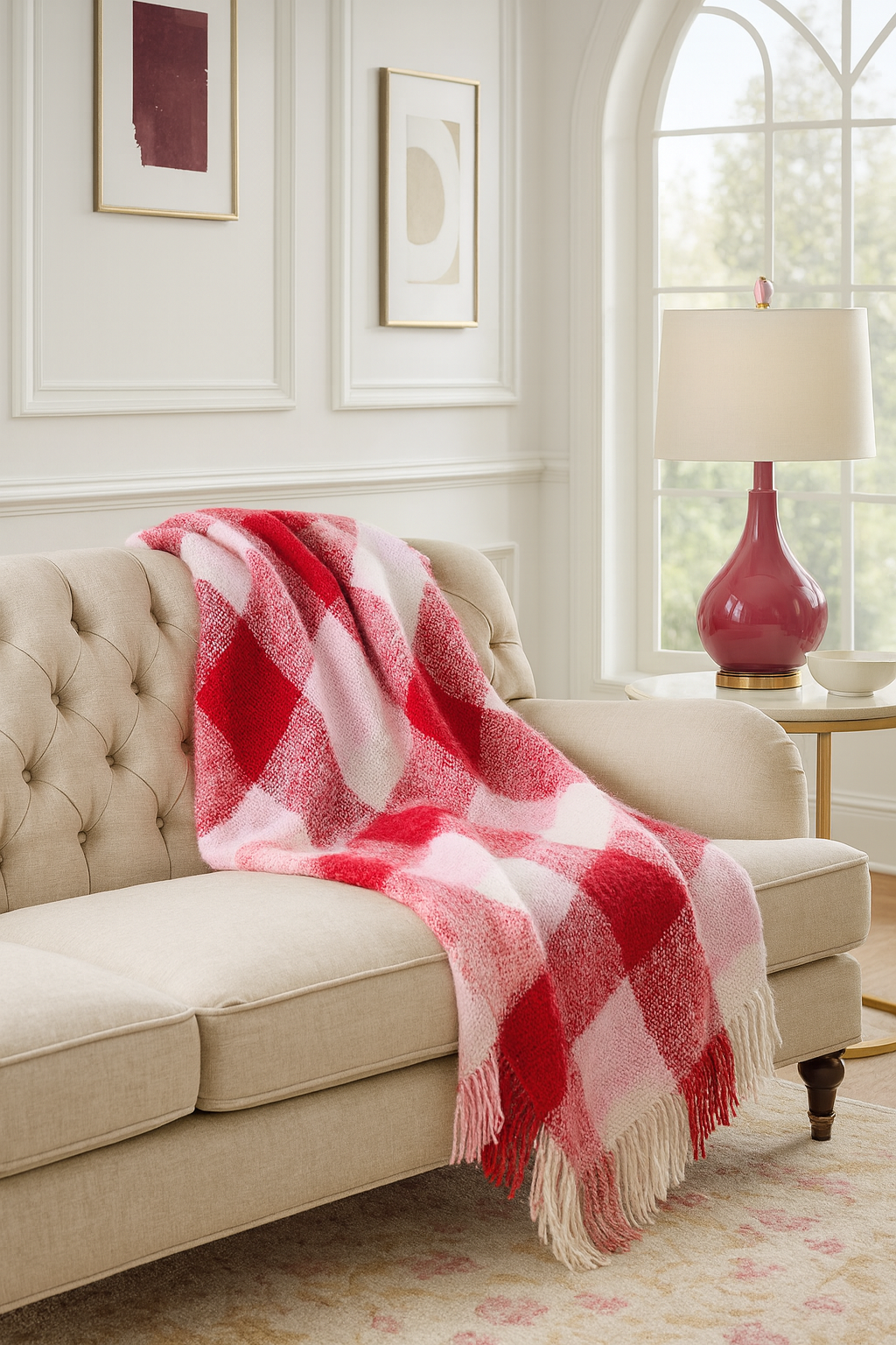 Red Faux Mohair Plaid Fringed Throw Blanket