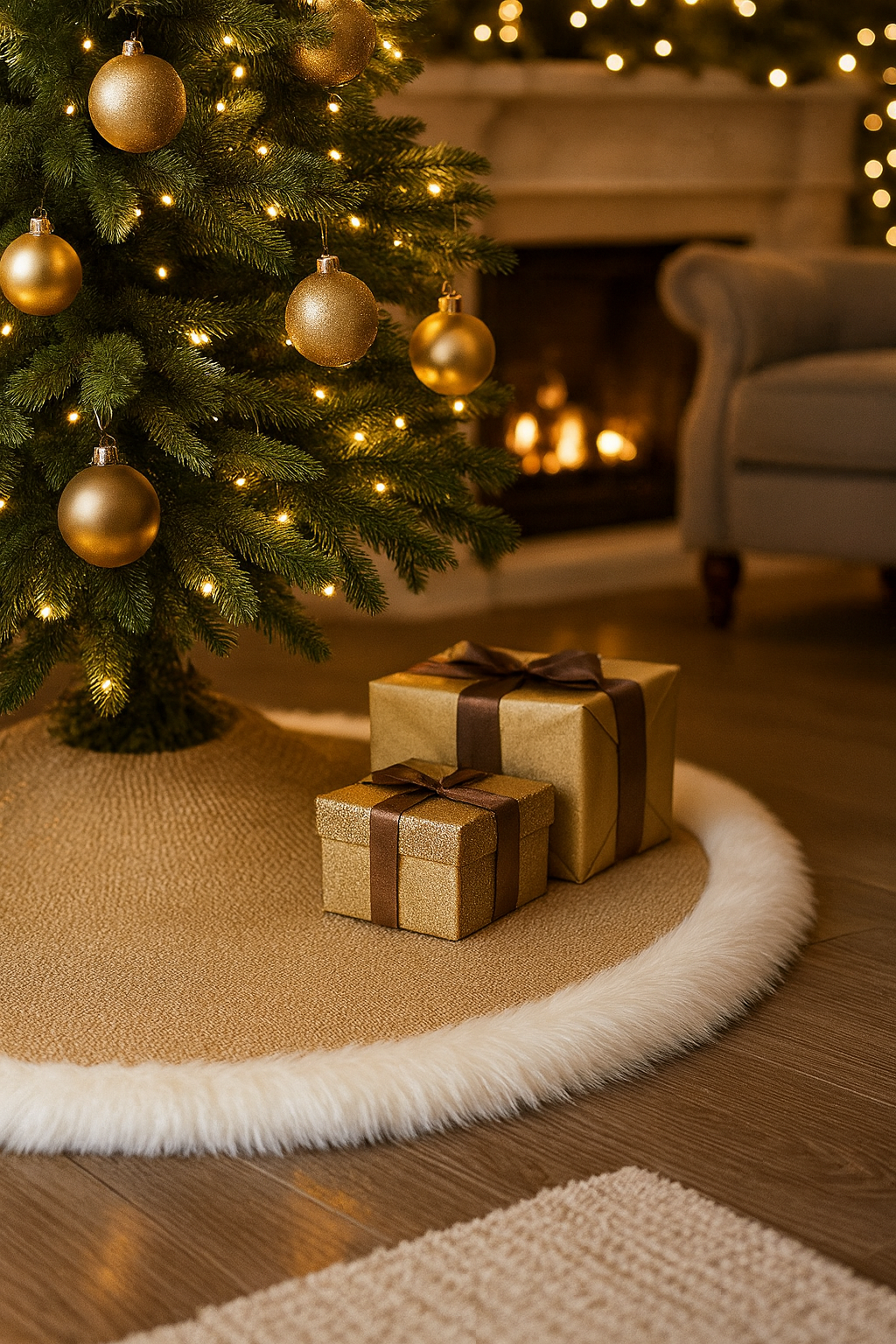 Rustic Burlap White Faux Fur Trim Christmas Tree Skirt