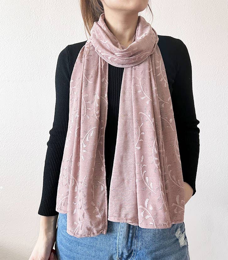 Dusty Rose Shimmering Jacquard Floral Scarf