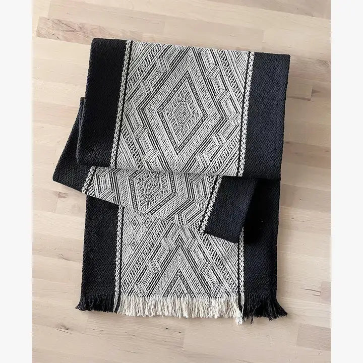 Black Diamond Weave Fringed Cotton Blend Table Runner