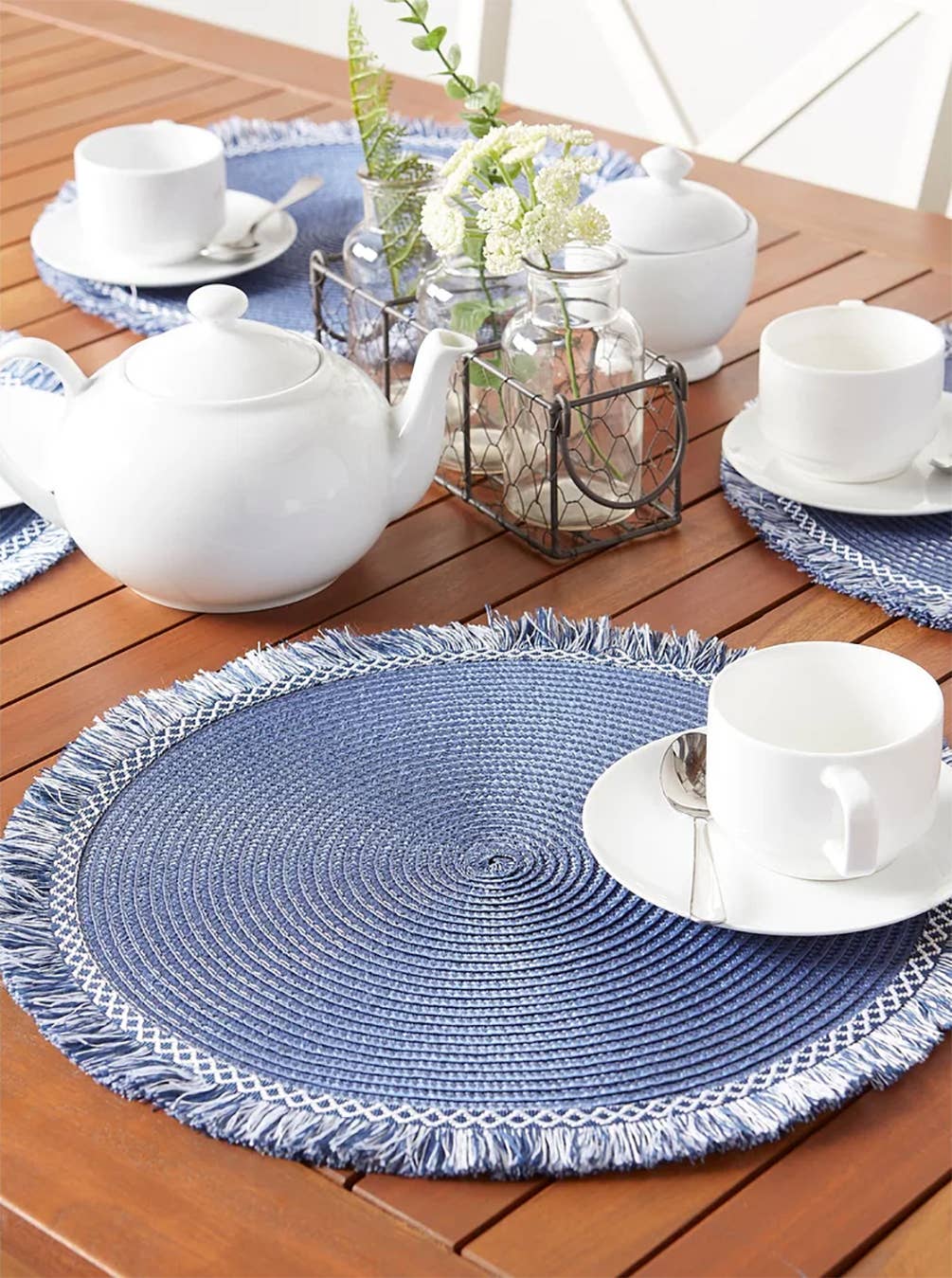 Navy Blue Woven 15" Round Placemats with Fringe