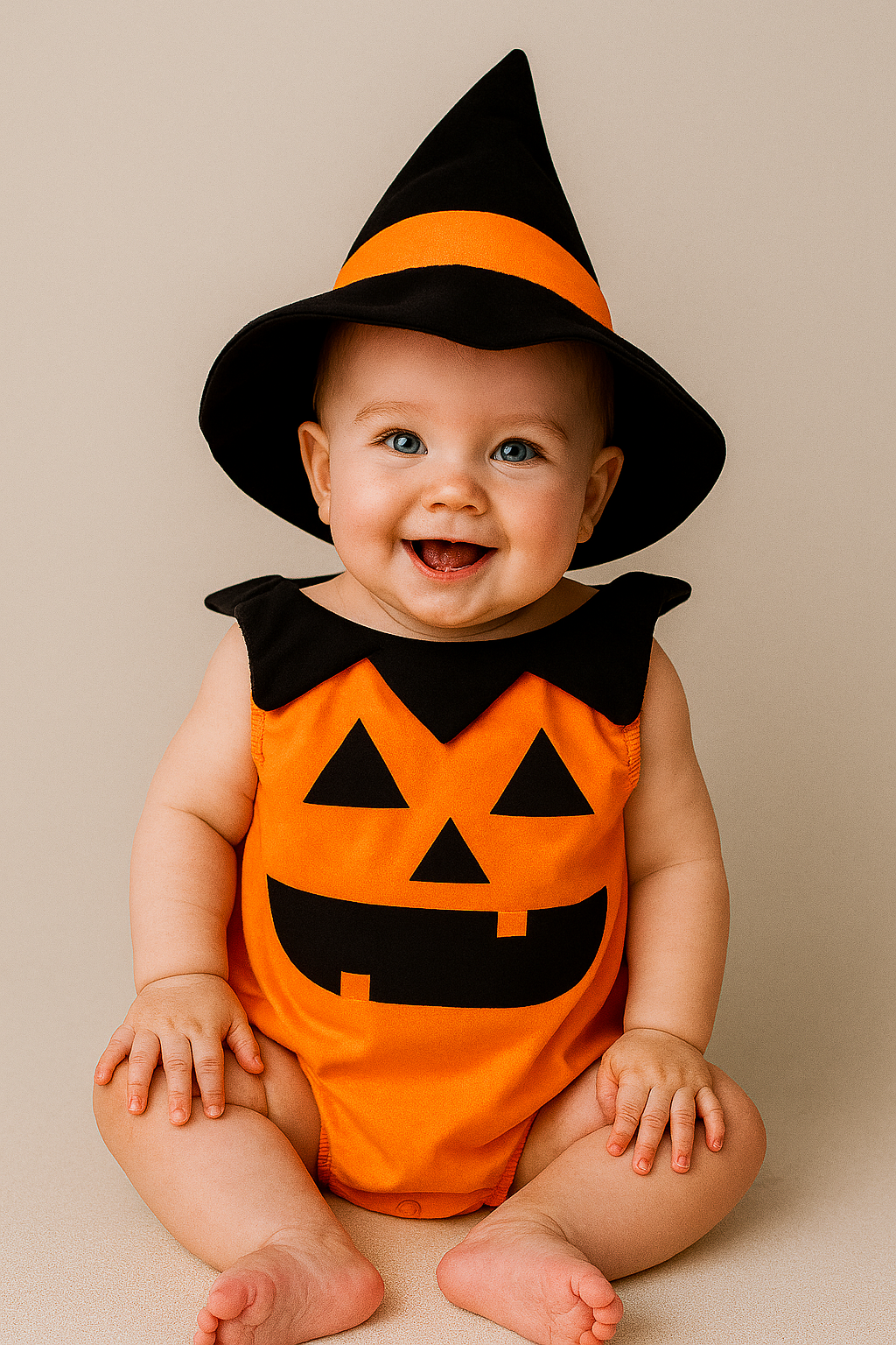 Pumpkin Face Sleeveless Romper & Hat 2pcs Baby Costume Set