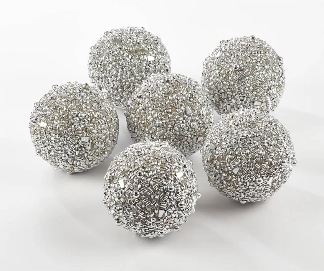 Silver Shimmering Beaded Decorative Spheres 4" Ball