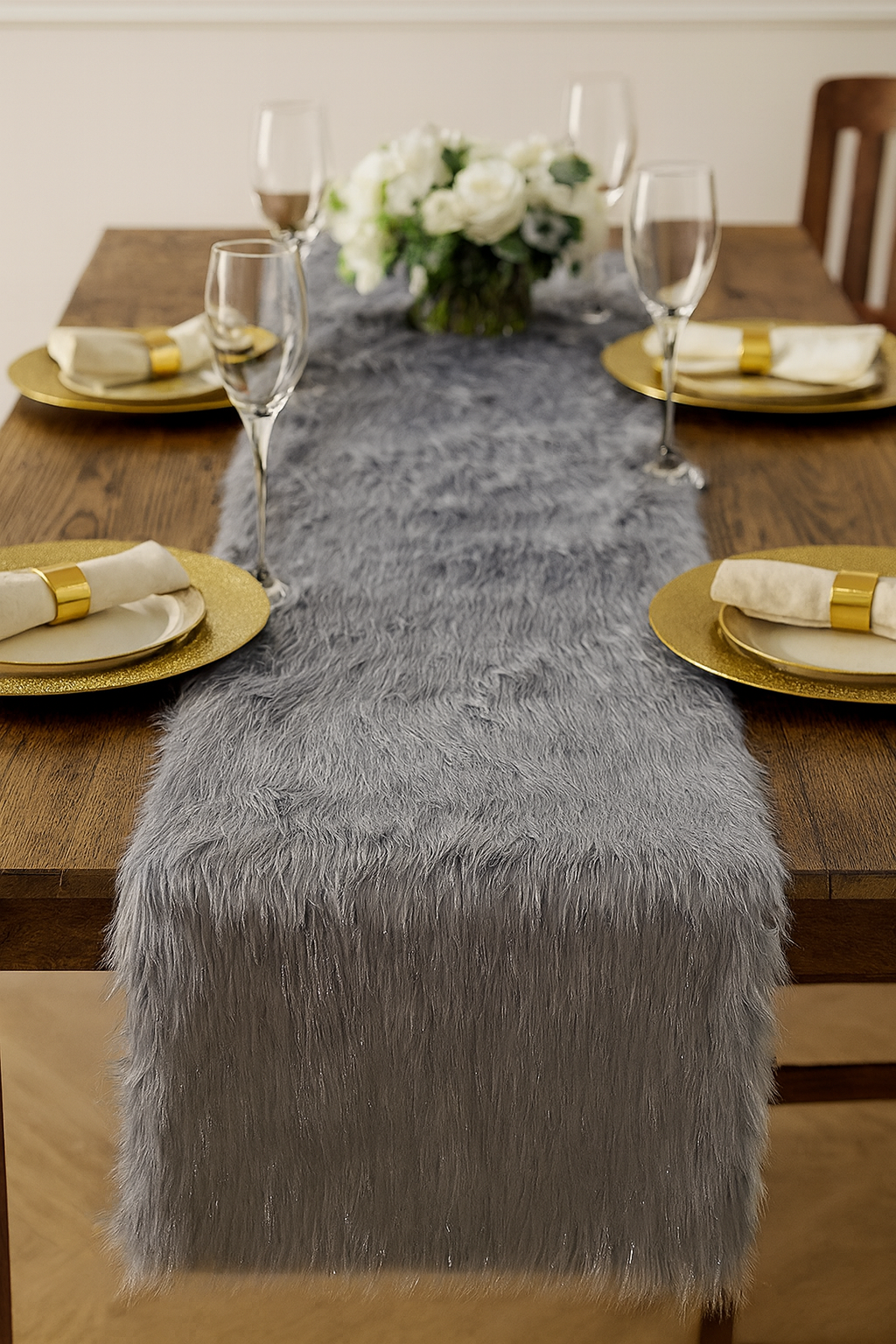 Grey Faux Fur Silver Lurex Thread Table Runner