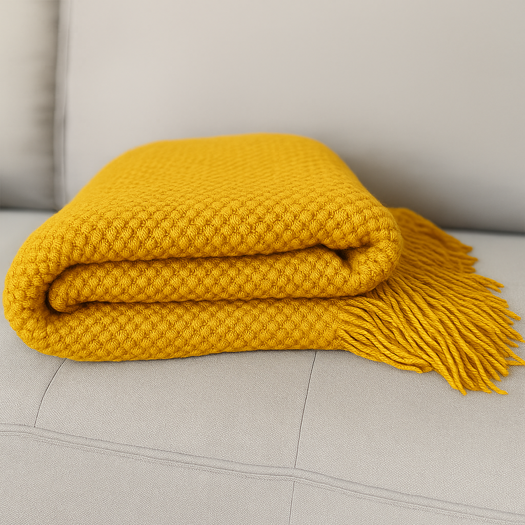 Mustard Textured Knit Throw Blanket with Fringe – 50"x60"