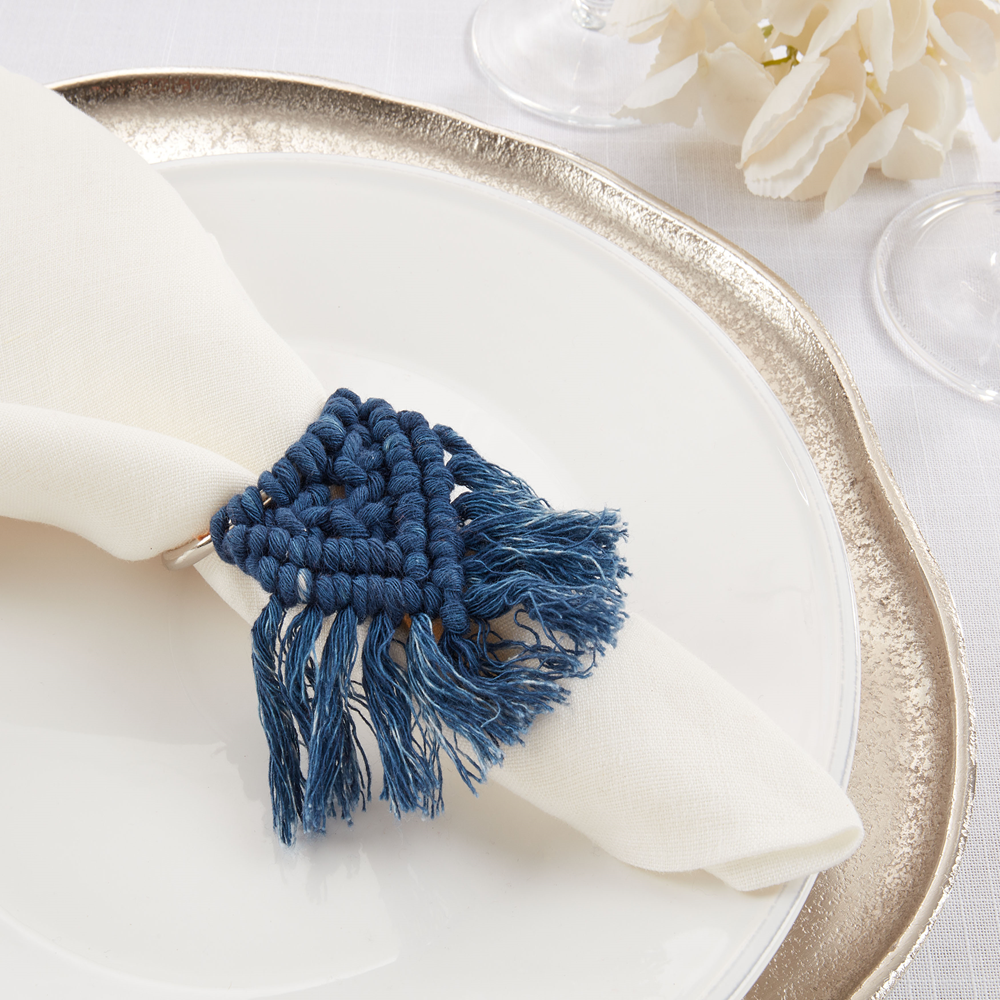 Navy Blue Cotton Braided Napkin Ring with Metal Accent