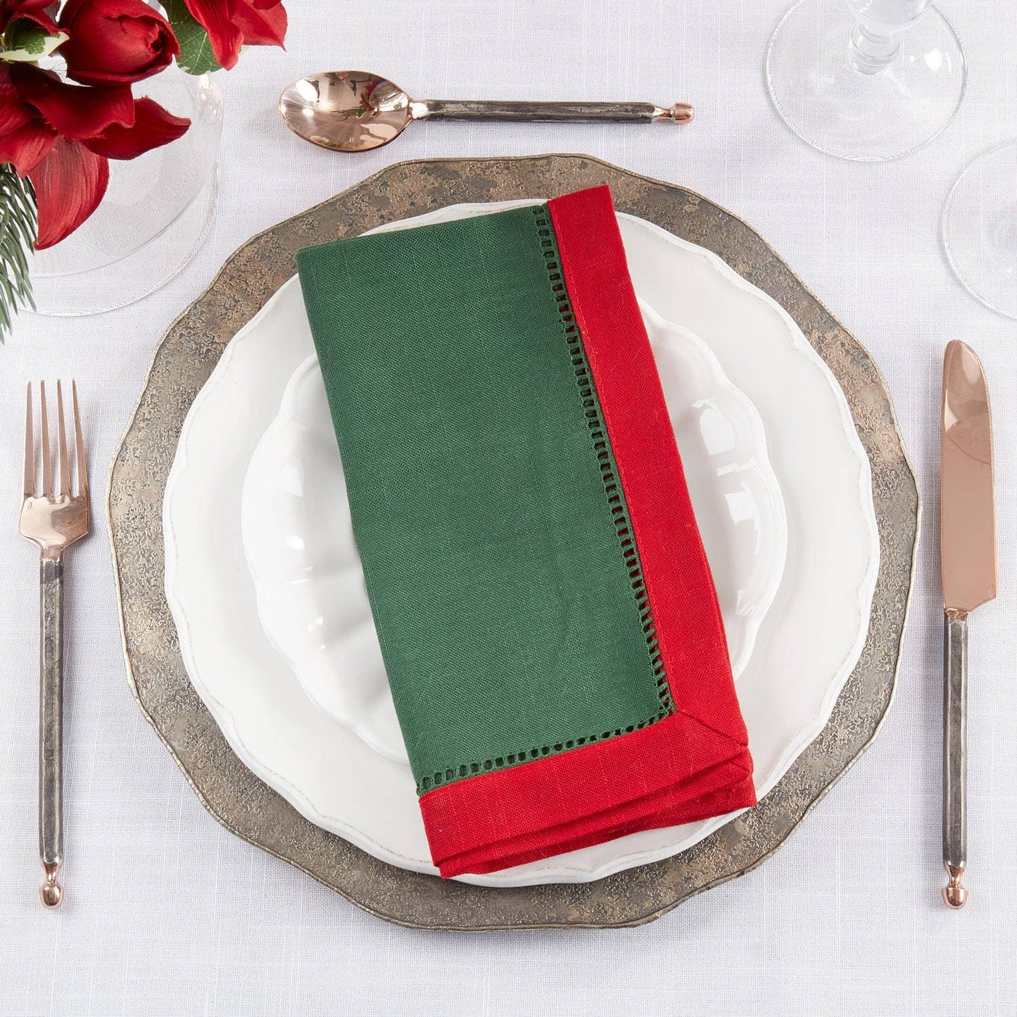 6406 - Red Border Hemstitch Jasper Green 20" Dinner Napkin