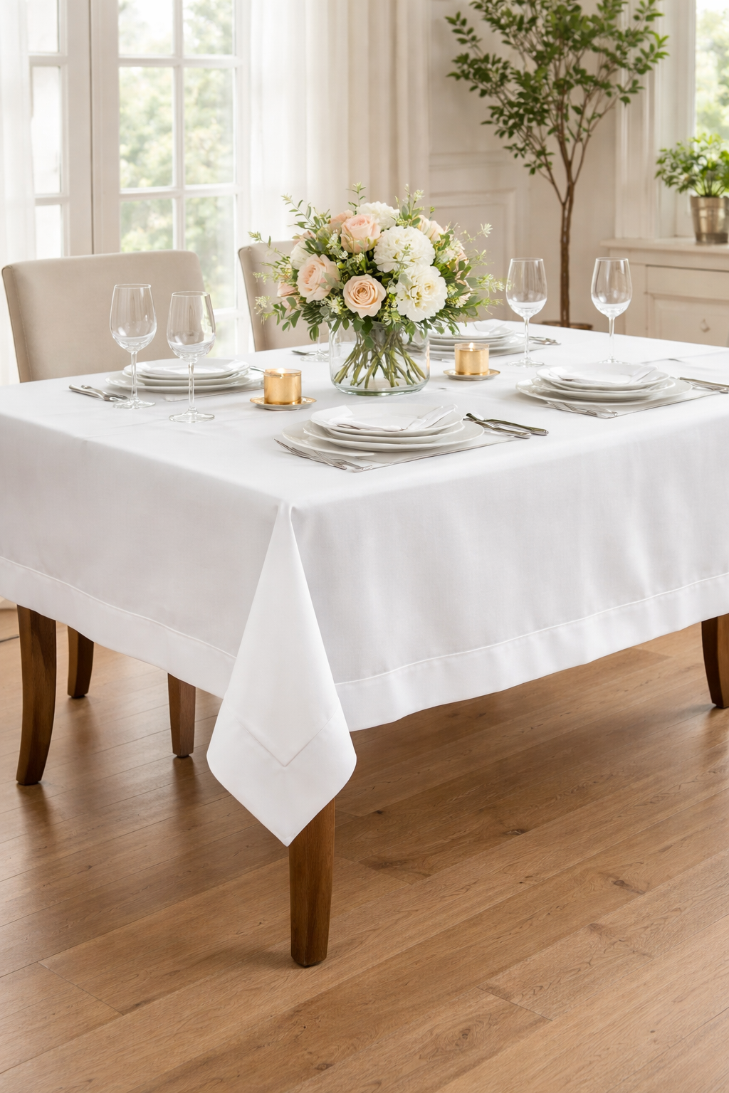 White Hemstitched Pure Linen 90" Square Tablecloth