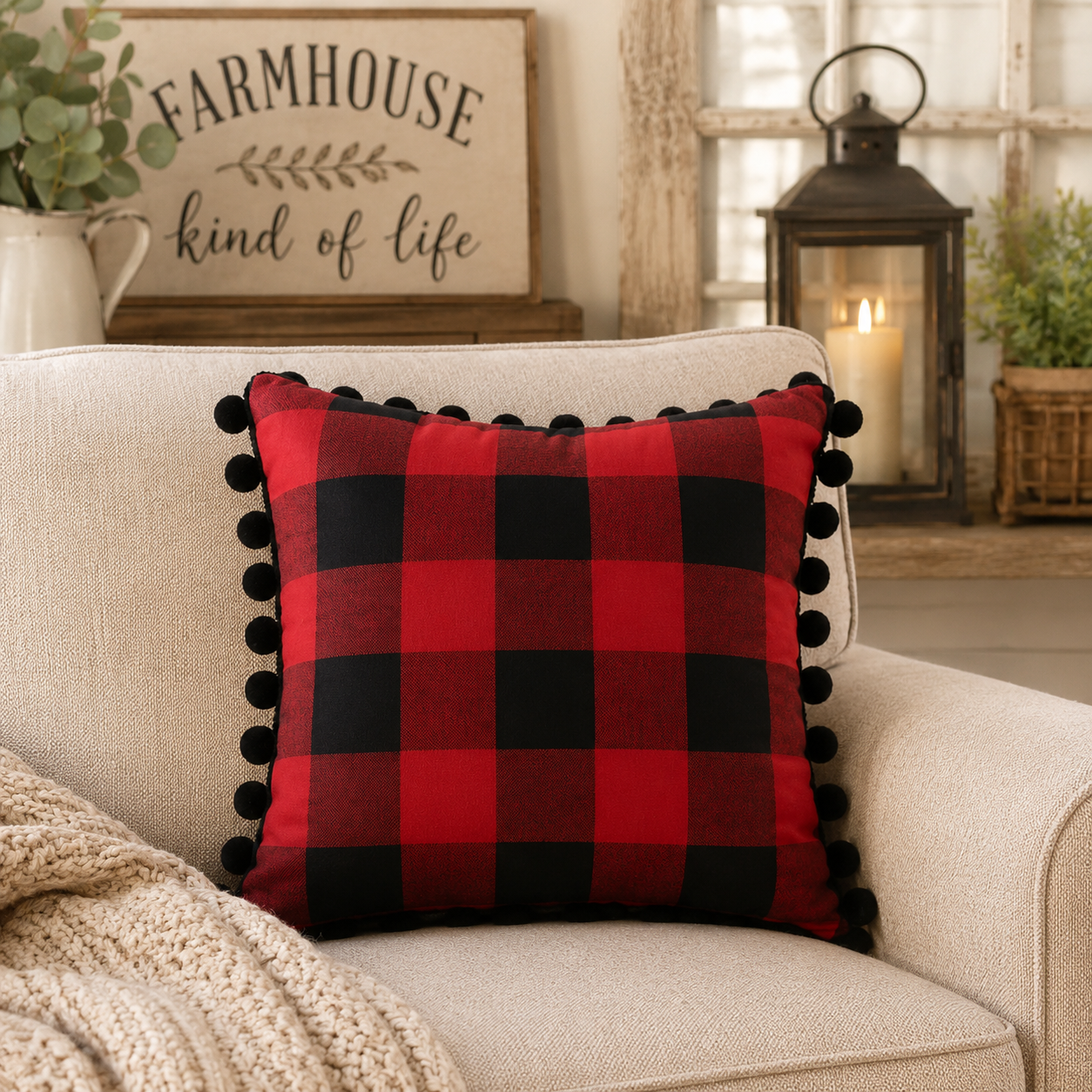 Buffalo Plaid Pom Pom Trim Cotton 17" Throw Pillow