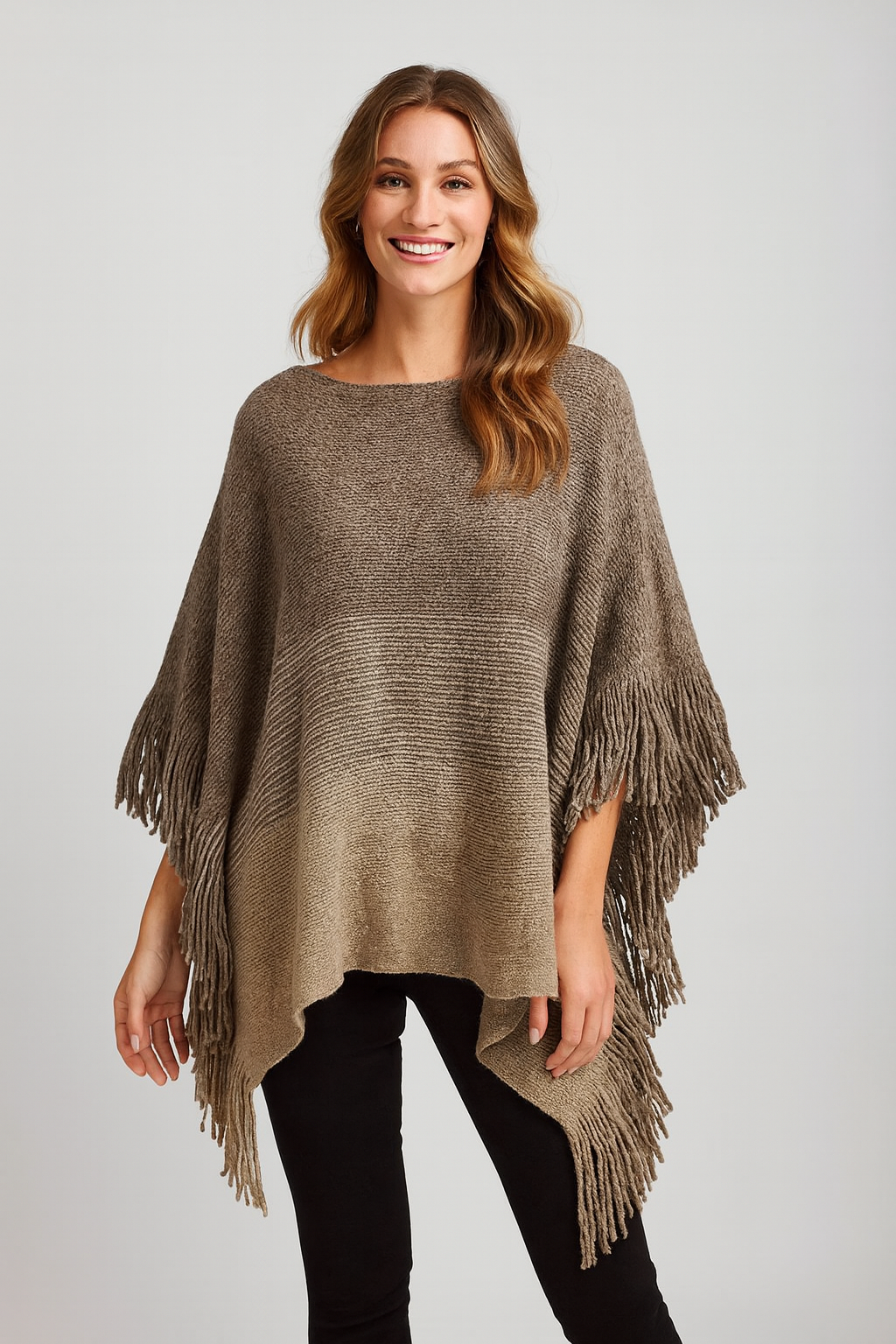 Taupe Knit Two-Tone Batwing Fringe Poncho Sweater