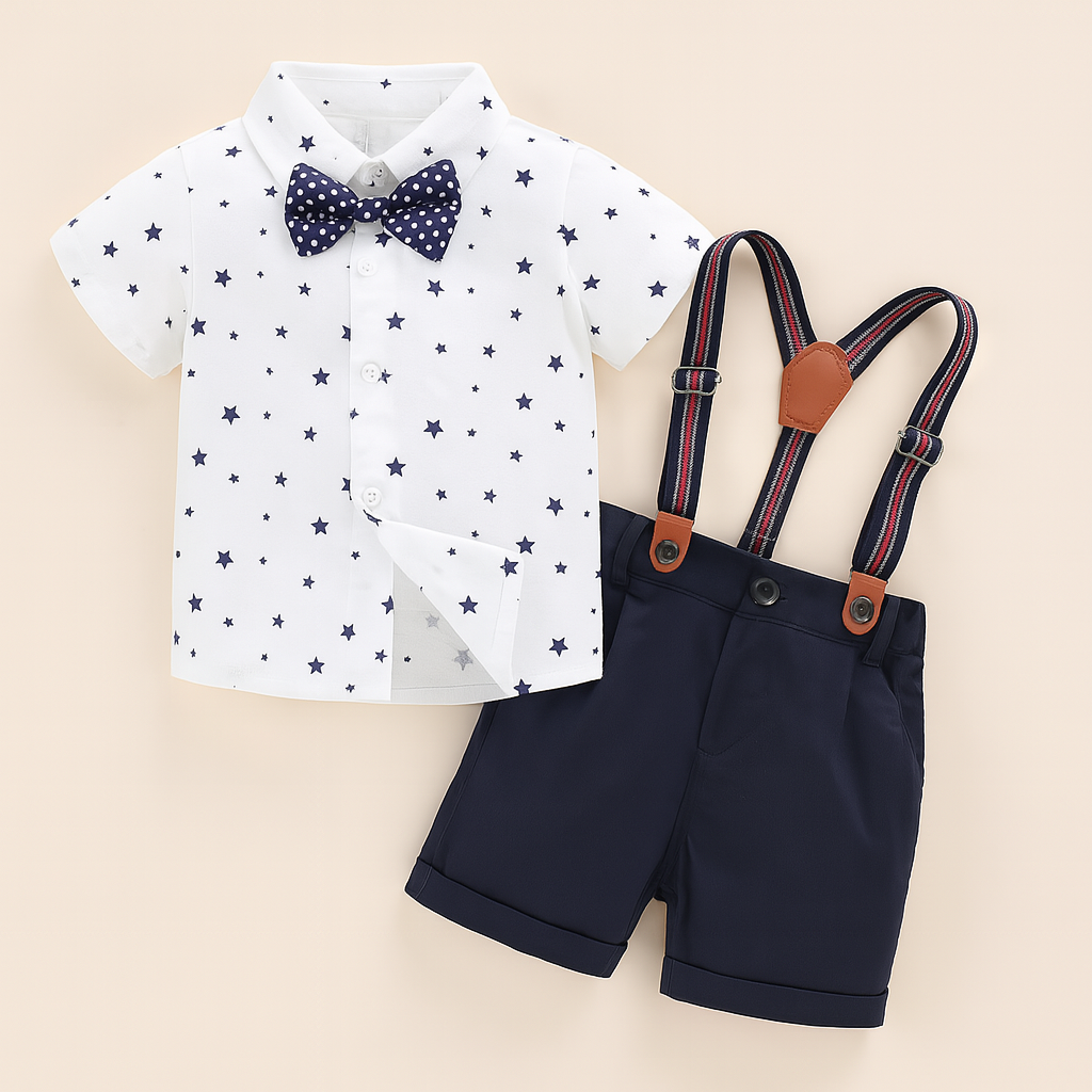 Star Print Dress Shirt, Shorts & Suspenders 3pcs Boy Outfit