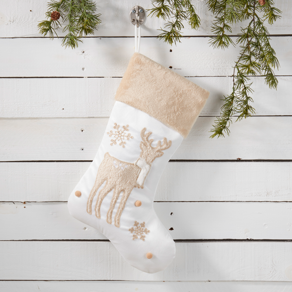 7980 - Ivory Embroidered Reindeer Christmas Tree Stocking