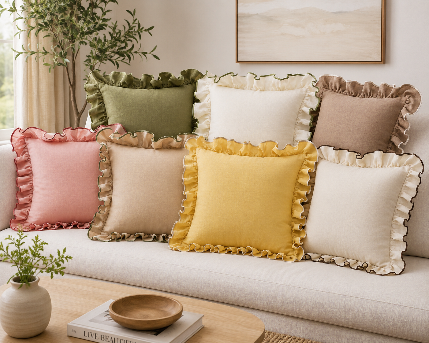 Ruffle Trim Cotton 18" Throw Pillow