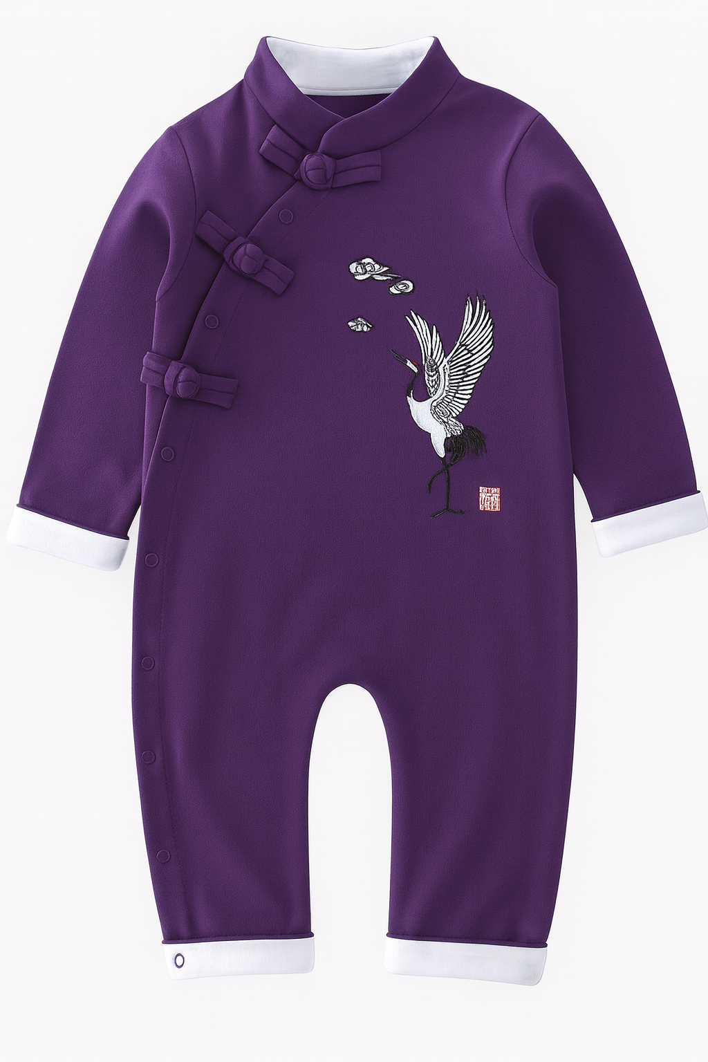 Purple Embroidered Crane Chinese-Style Baby Romper