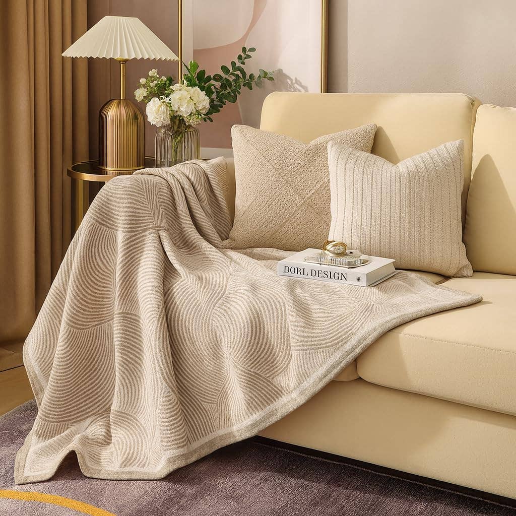 Beige Paisley Jacquard Wool Blend Throw Blanket - 50"x60"
