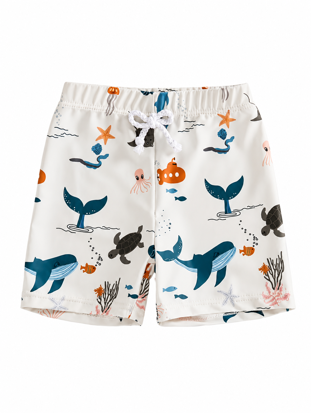 White Ocean Animals Print Boys Swim Shorts