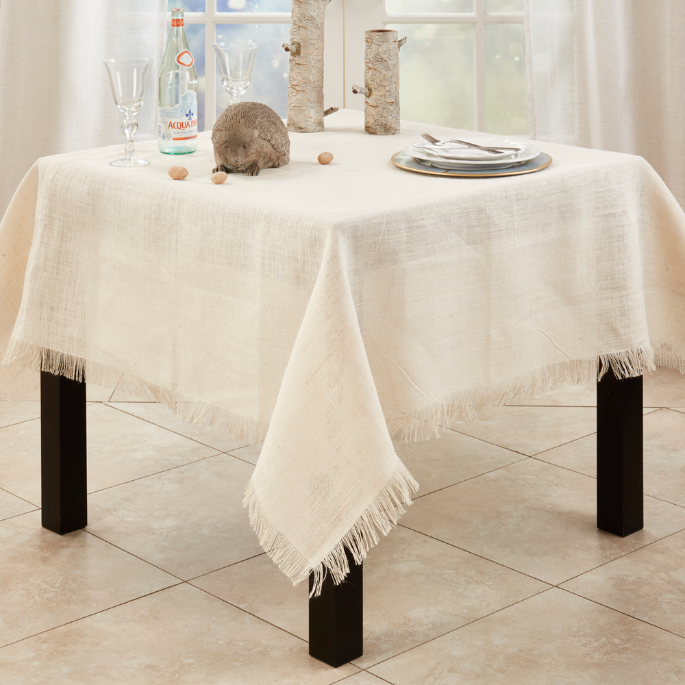 Ivory Fringed Jute Woven 60" Square Tablecloth