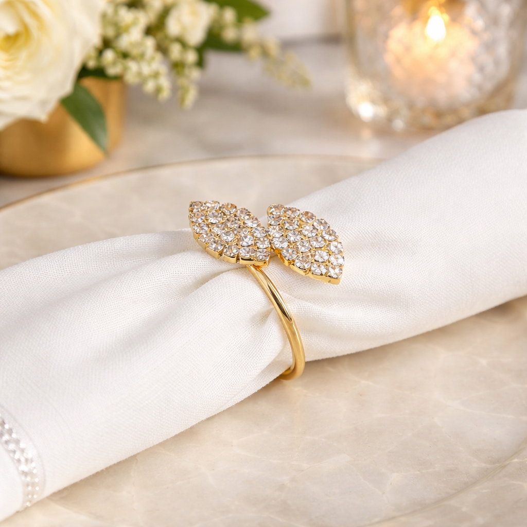 Gold Sparkle Rhinestone Leave Design Napkin Ring