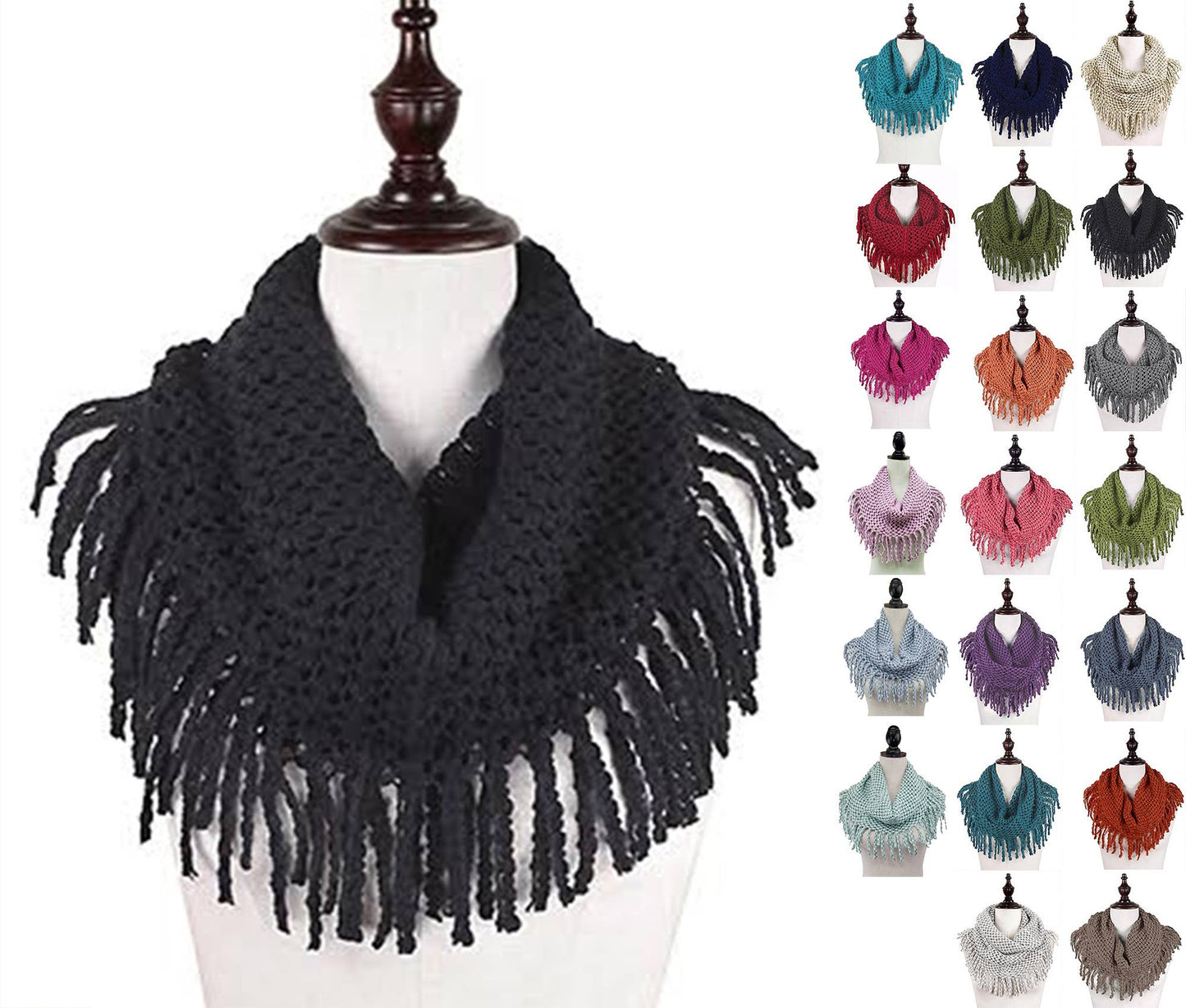 Warm Solid Mini Tube Infinity Scarf With Fringes