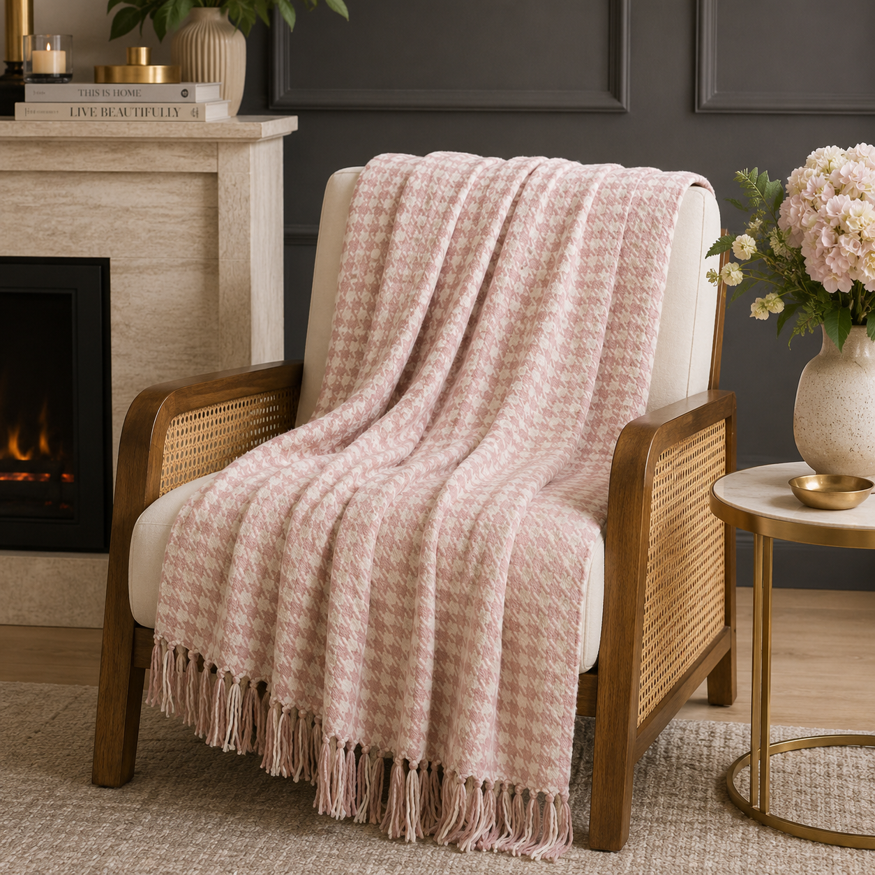 Pink and White Houndstooth Cotton Throw Blanket - 50"x60"
