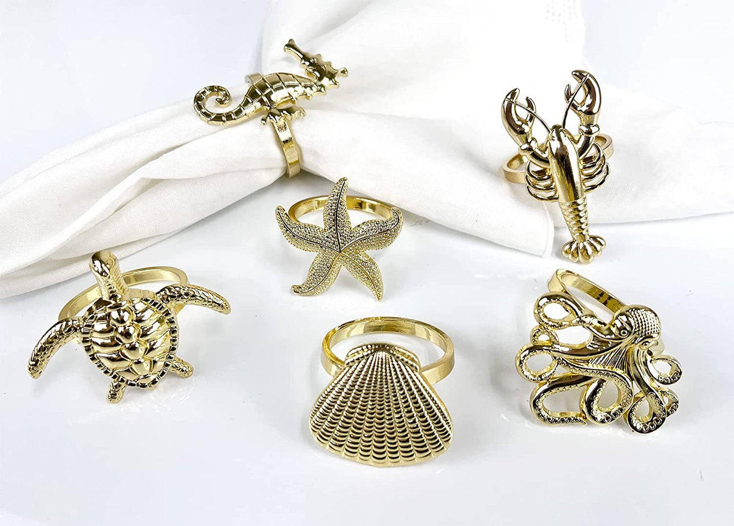 Gold Coastal Sea Creatures Metal Napkin Rings - Set of 6