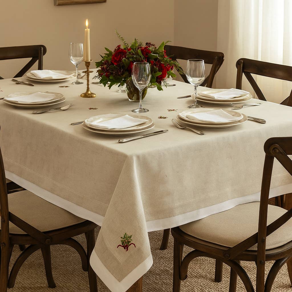 White & Natural Embroidered Linen-Poly Holly Tree Tablecloth