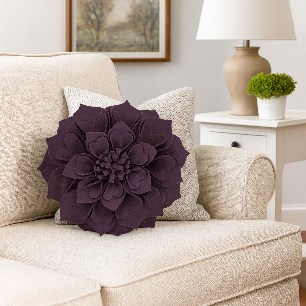Violet 3D Heart-Shaped Petal Flower Throw Pillow