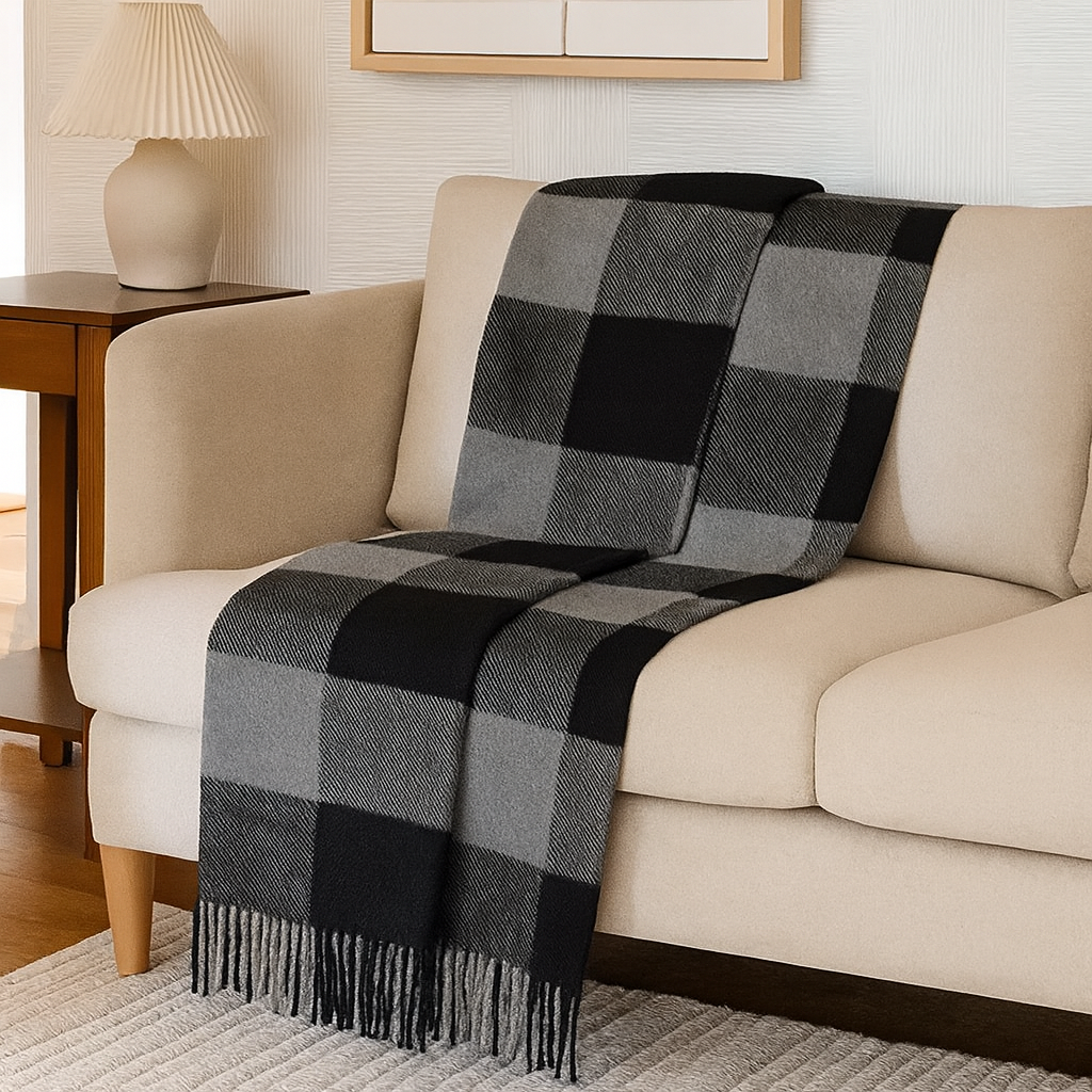 Grey & Black Classic Buffalo Check Fringe Throw Blanket