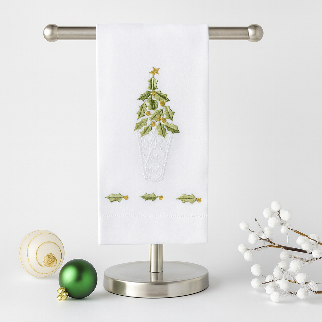 Embroidered Christmas Tree Hemstitched Linen Guest Towel