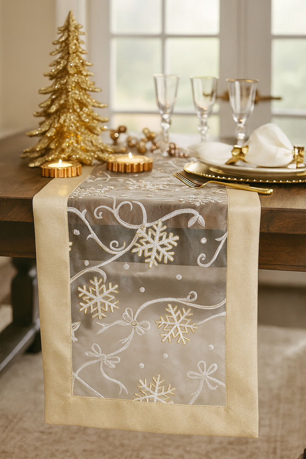 Snowflake & Ribbon Gold Border Sheer Holiday Table Runner