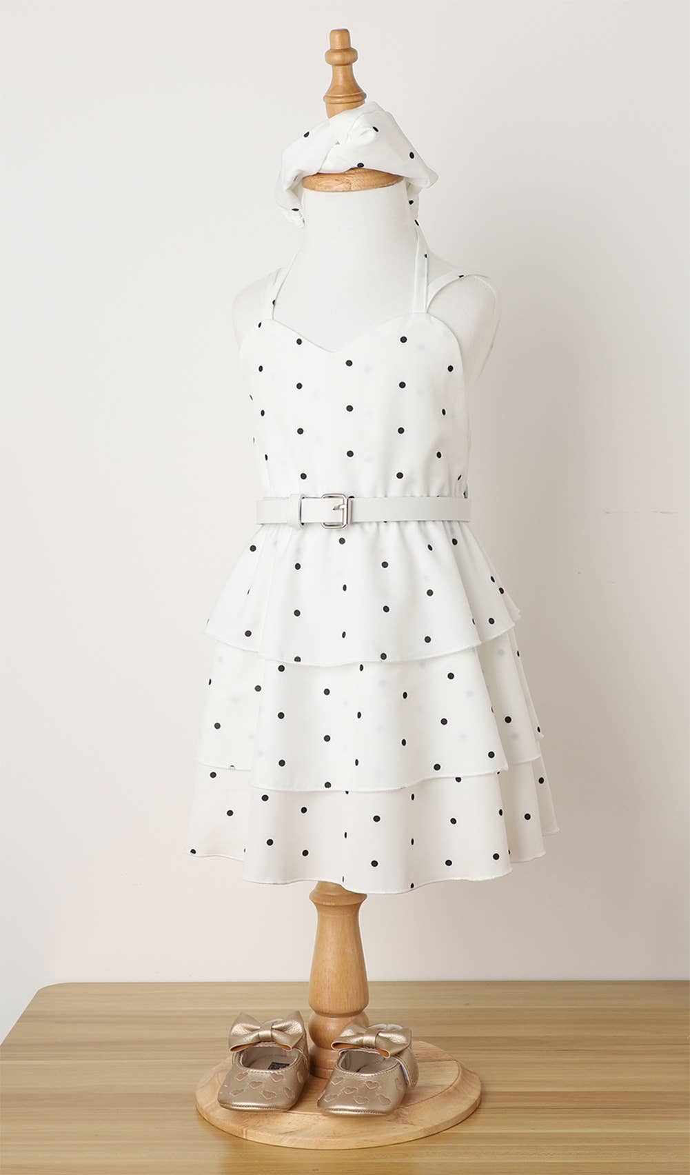 White Dots Little Girl A-Line Dress, Belt & Headband