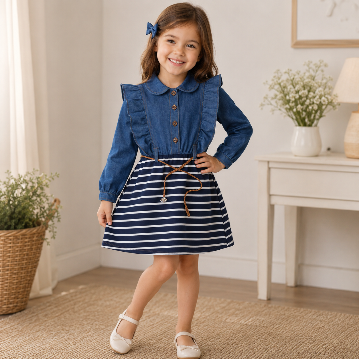 Blue Ruffle Denim Striped Mini Tunic Dress with Belt