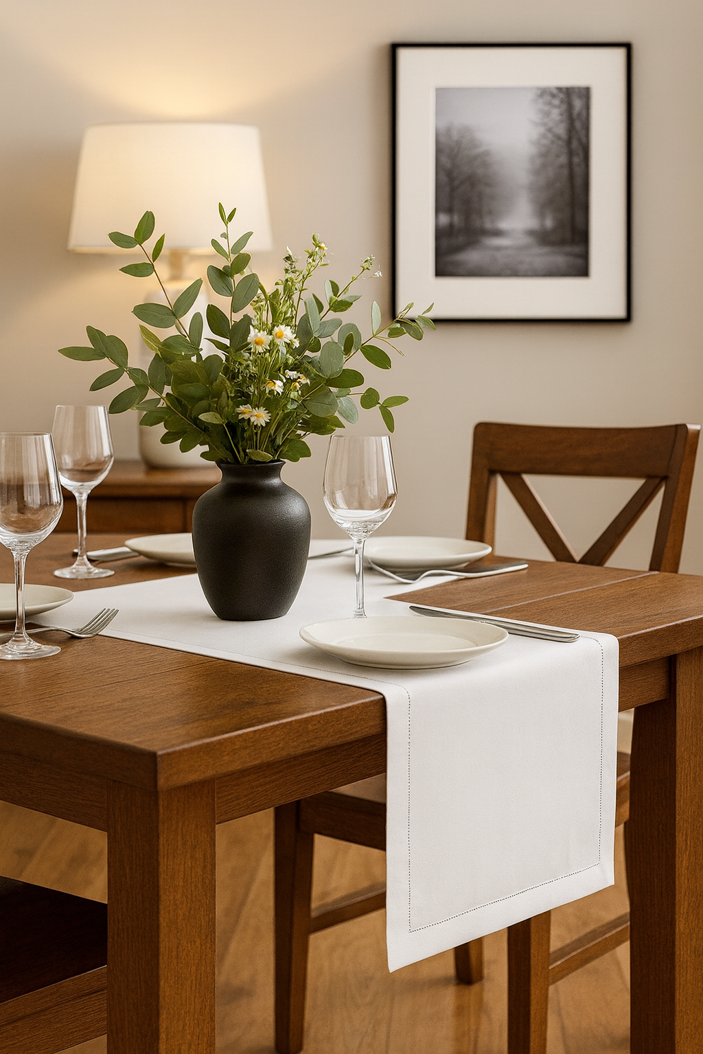 Handmade Basic Hemstitch Linen White Table Runner