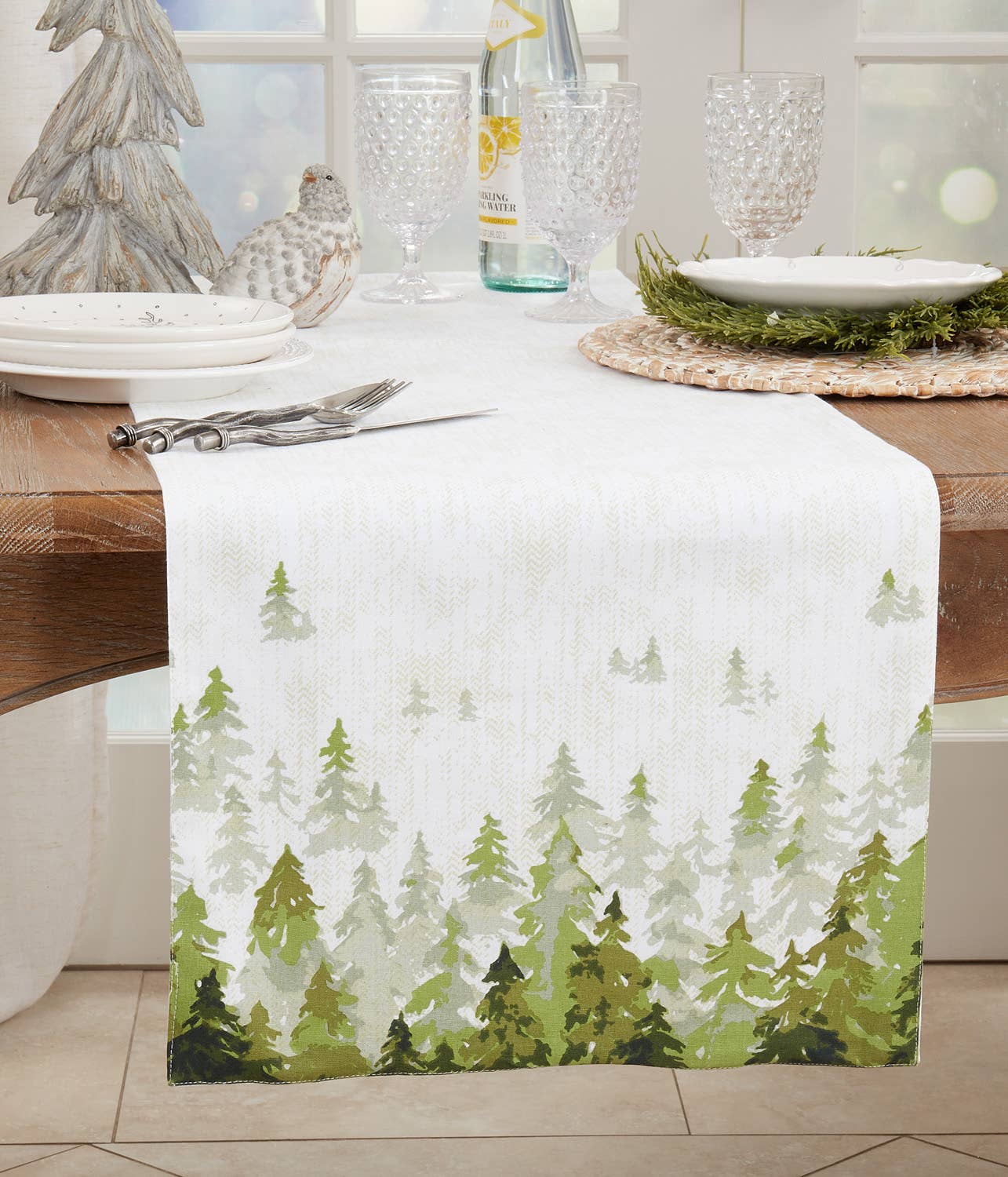 1128 - Green Pine Trees Cotton 16"x72" White Table Runner