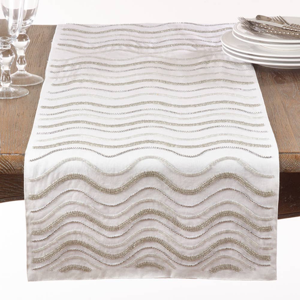 Hand Beaded Sparkling 16"x72" White Table Runner