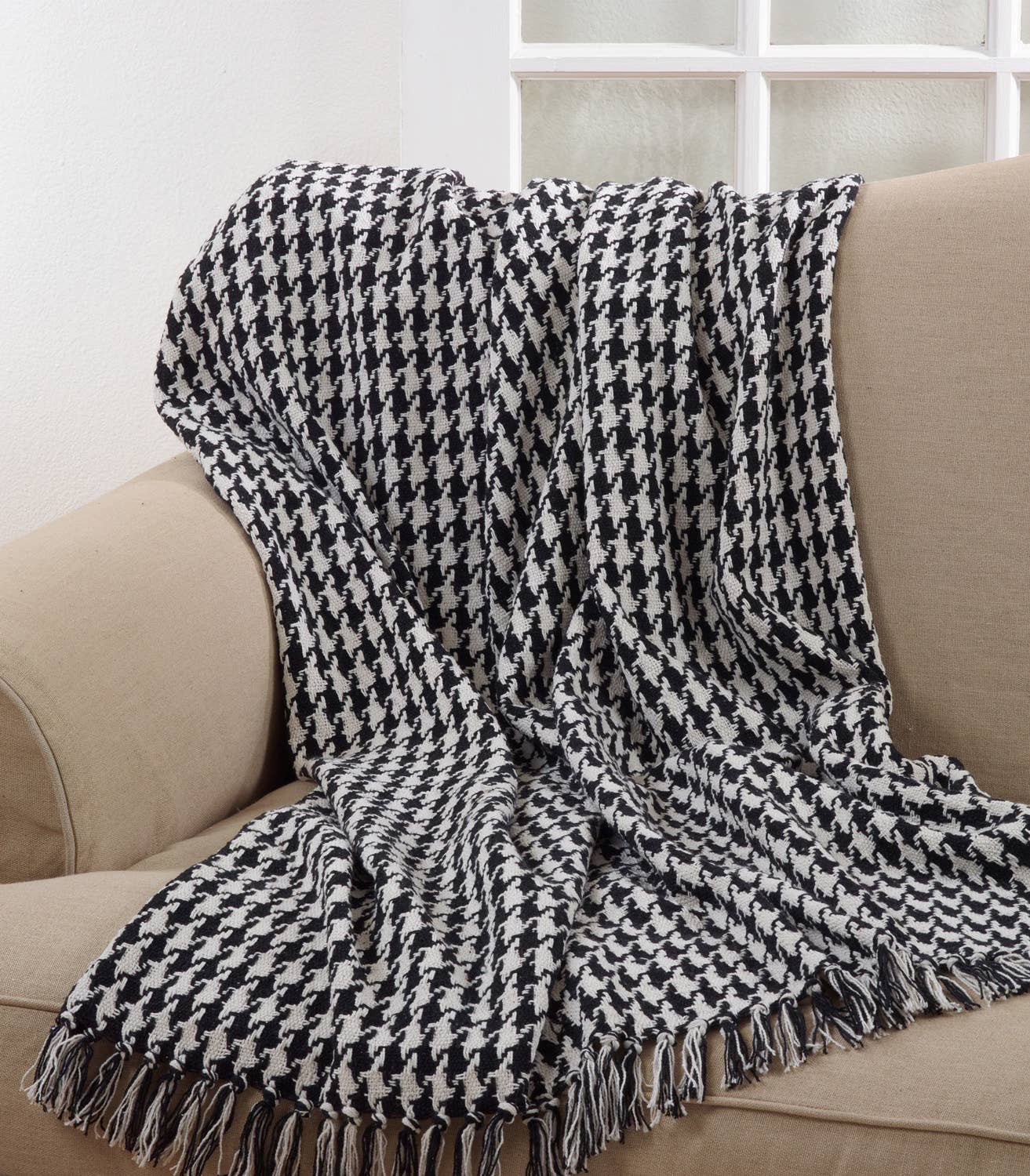 Black-White Houndstooth Cotton Throw Blanket