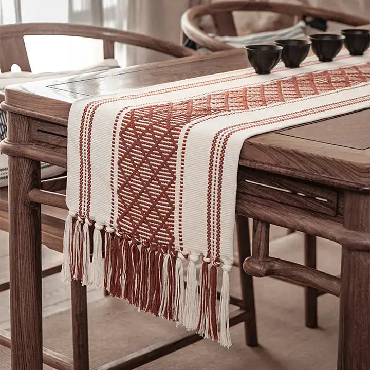 Red Diamond Stitched Tasseled Cotton Blend Table Runner