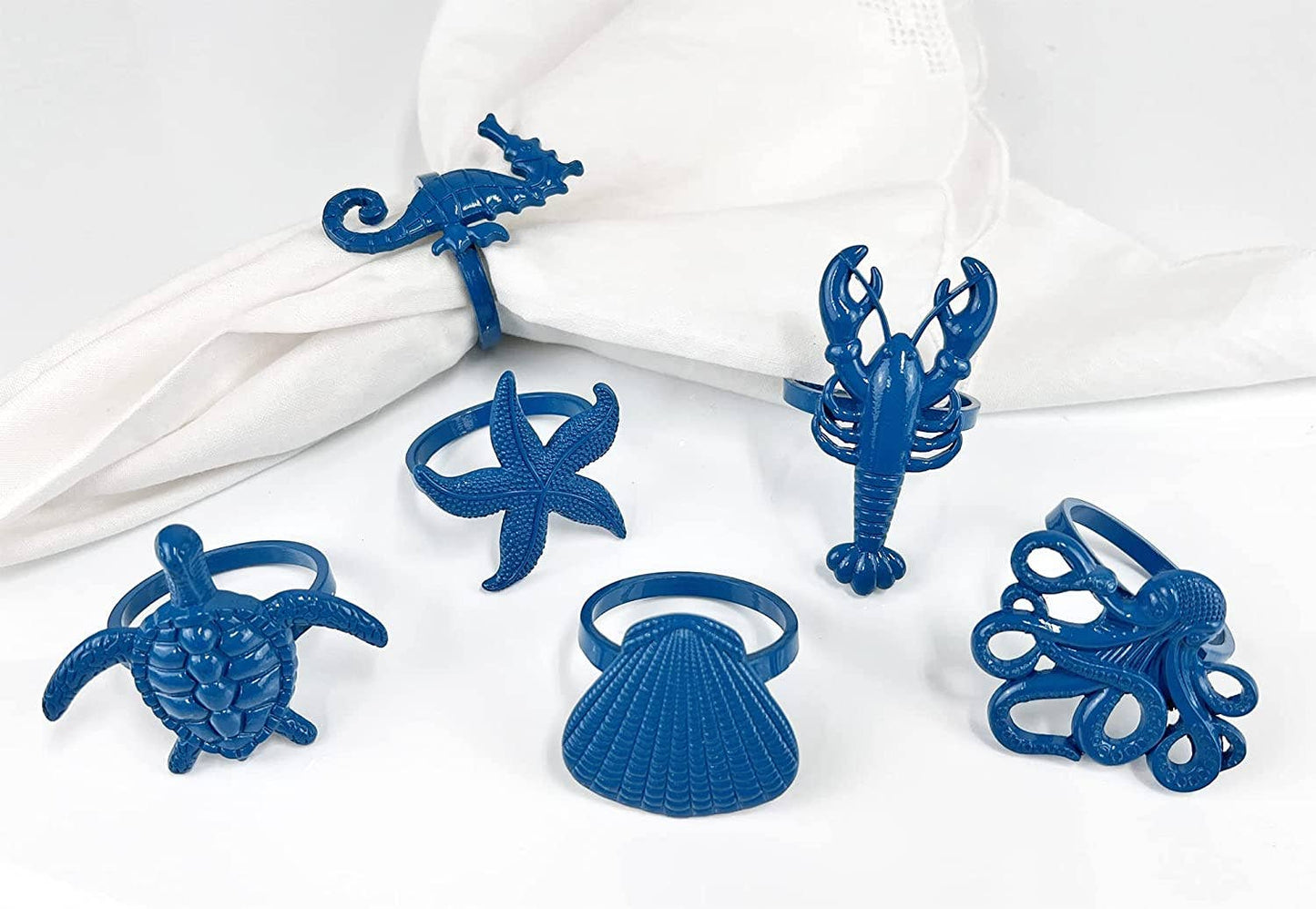 Blue Coastal Sea Creatures Metal Napkin Rings - Set of 6